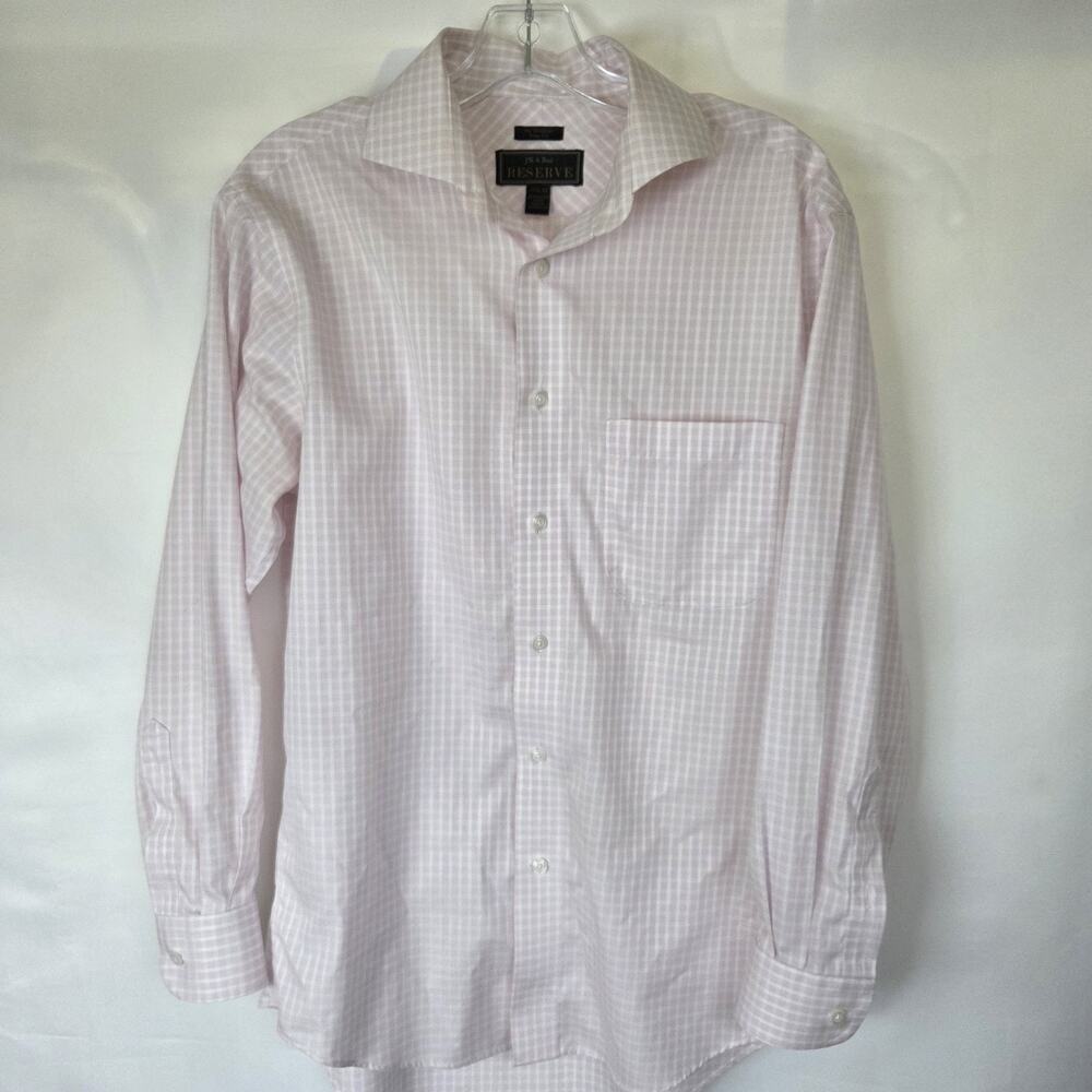 J.S. Bank Reserve No Wrinkle Slim Fit Pink Check Dress Shirt 15.5 32 Egyp.Cotn.